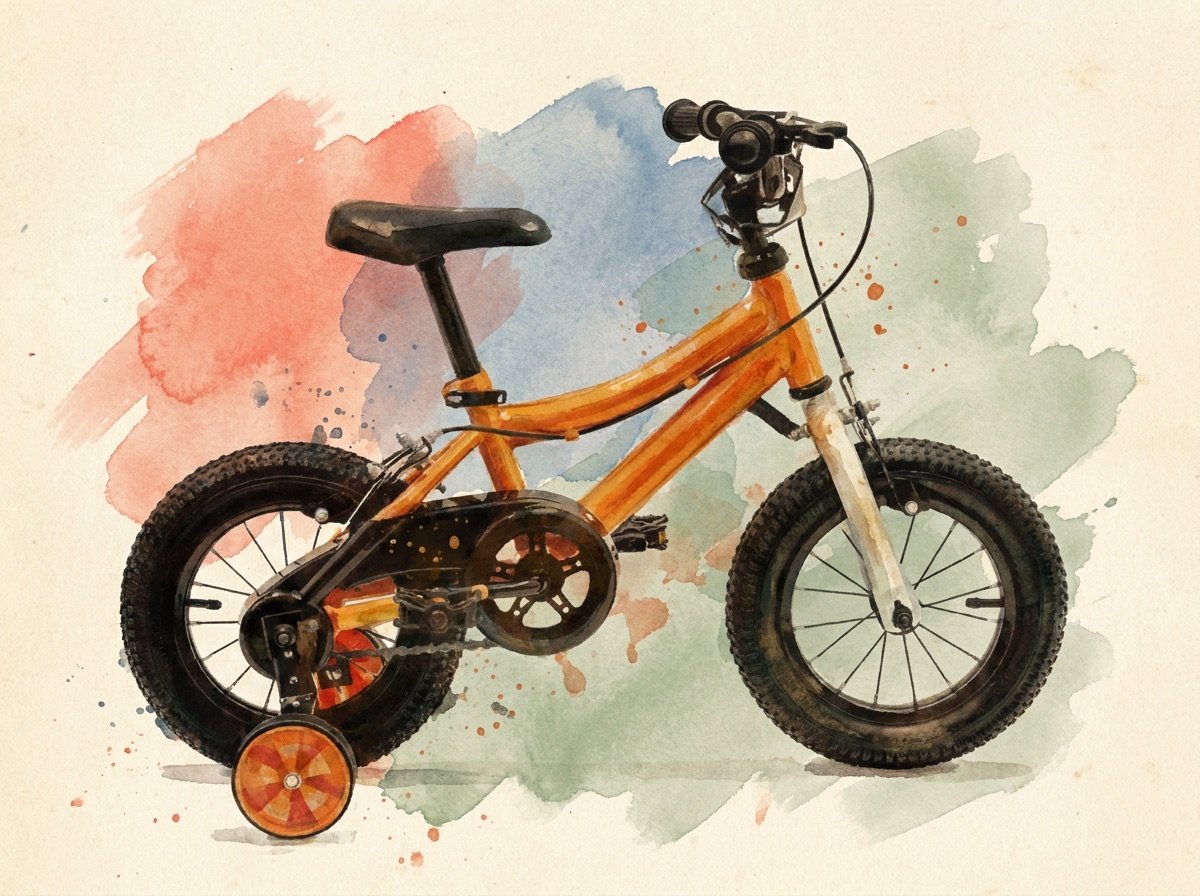 Whimsy Classic kids bike, orange — watercolor illustration
