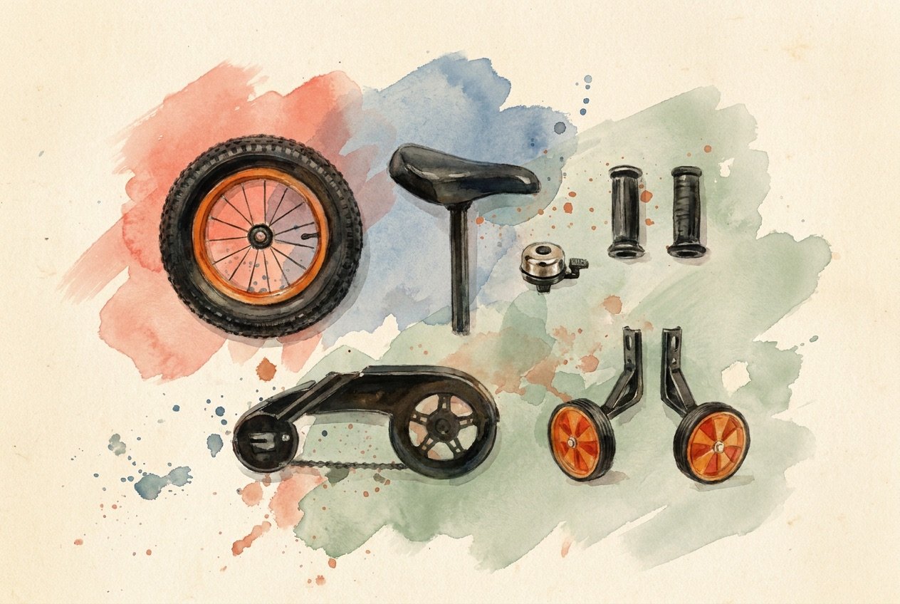 Watercolor: children's bicycle parts laid out like a museum plate
