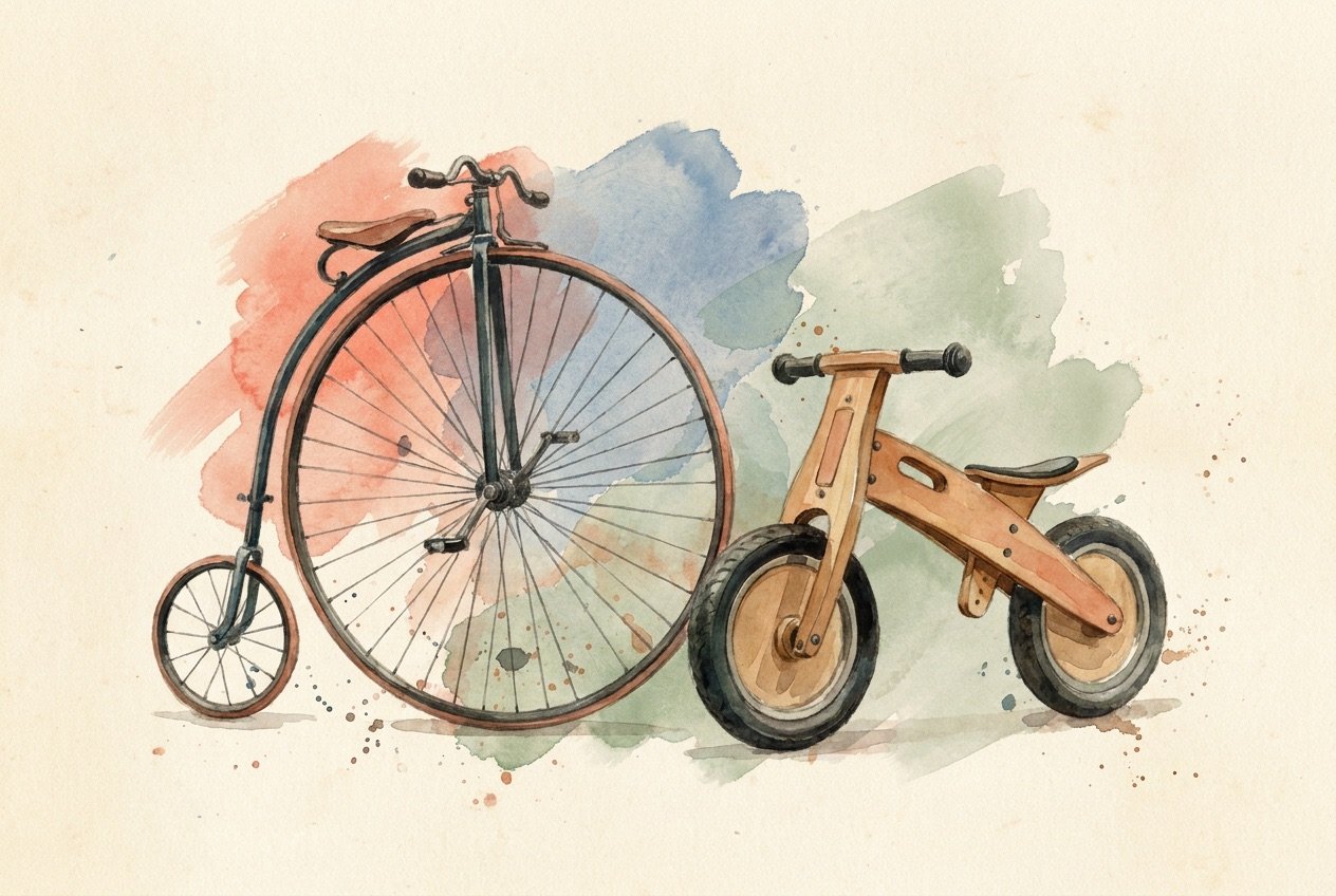 Watercolor: a penny-farthing beside an early wooden balance bicycle
